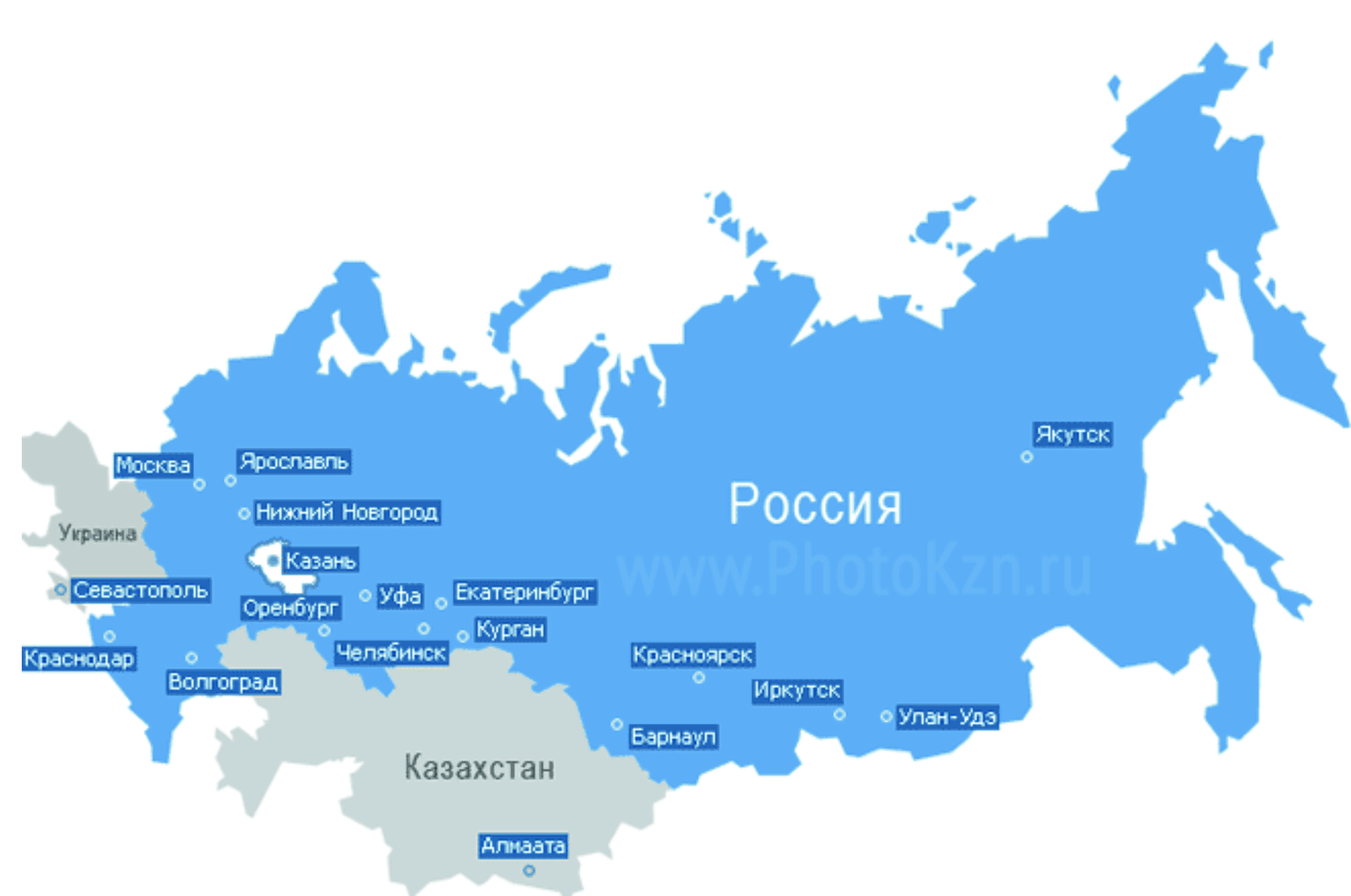 Казань на карте России с городами