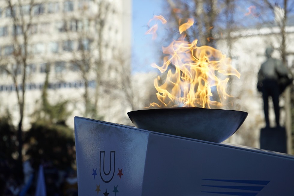 Winter Universiade 2019 torch relay event at Kazan University campus visited by Governor of Krasnoyarsk Krai Alexander Uss ,Krasnoyarsk Krai, President of Tatarstan, Mayor of Kazan, Universiade