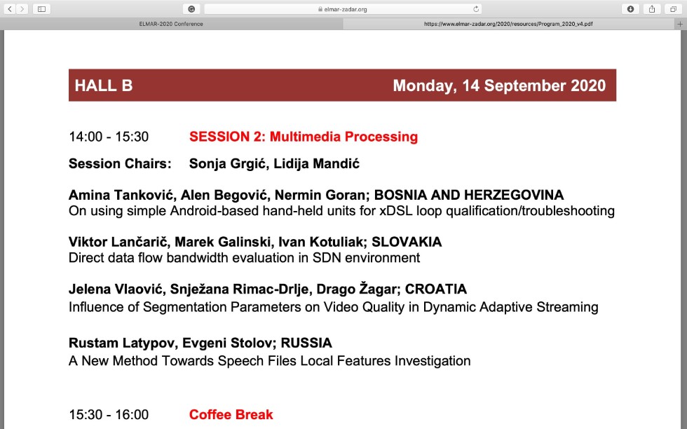 �.�.������� � �.�.������ ������� ������� � ������������� ���������� IEEE ELMAR-2020