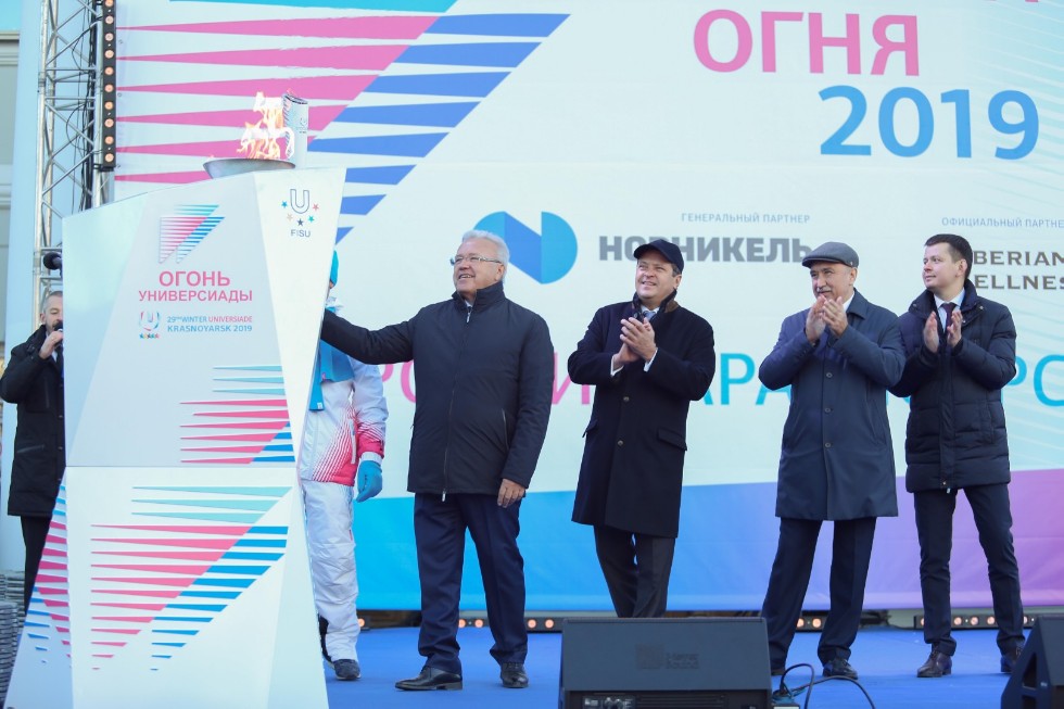 Winter Universiade 2019 torch relay event at Kazan University campus visited by Governor of Krasnoyarsk Krai Alexander Uss