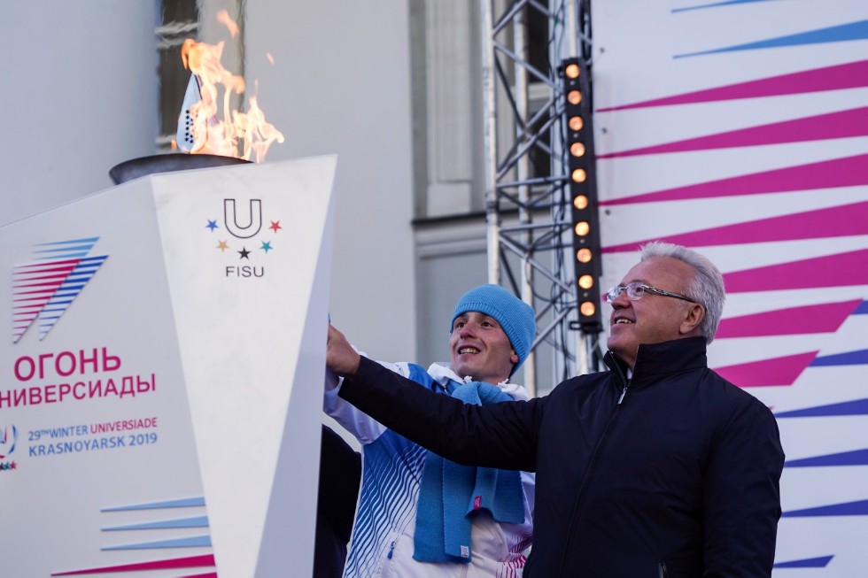 Winter Universiade 2019 torch relay event at Kazan University campus visited by Governor of Krasnoyarsk Krai Alexander Uss ,Krasnoyarsk Krai, President of Tatarstan, Mayor of Kazan, Universiade