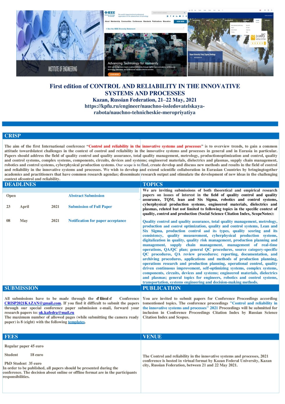  'Control and reliability in the innovative systems and processes' (CRISP) ,, IEEE, , 